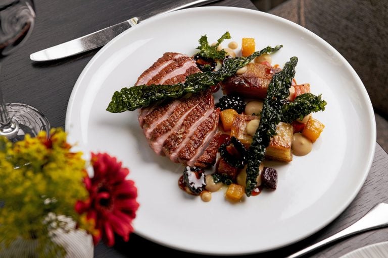 Langshott Manor, Horley Gatwick - dining, sliced meat with green vegetables
